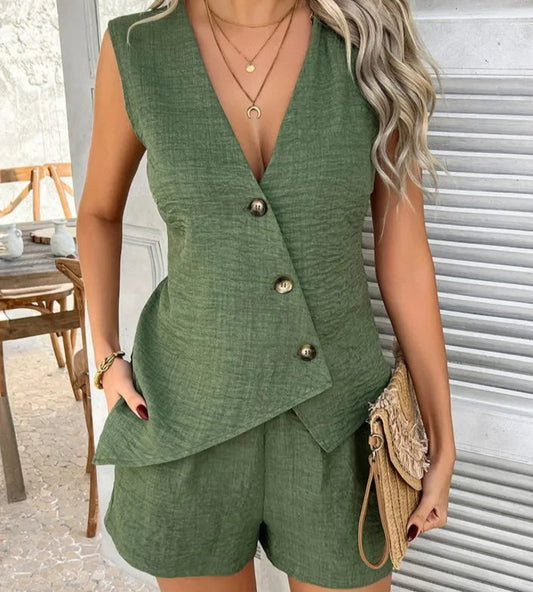 Mira Buttoned Linen Two-Piece Set